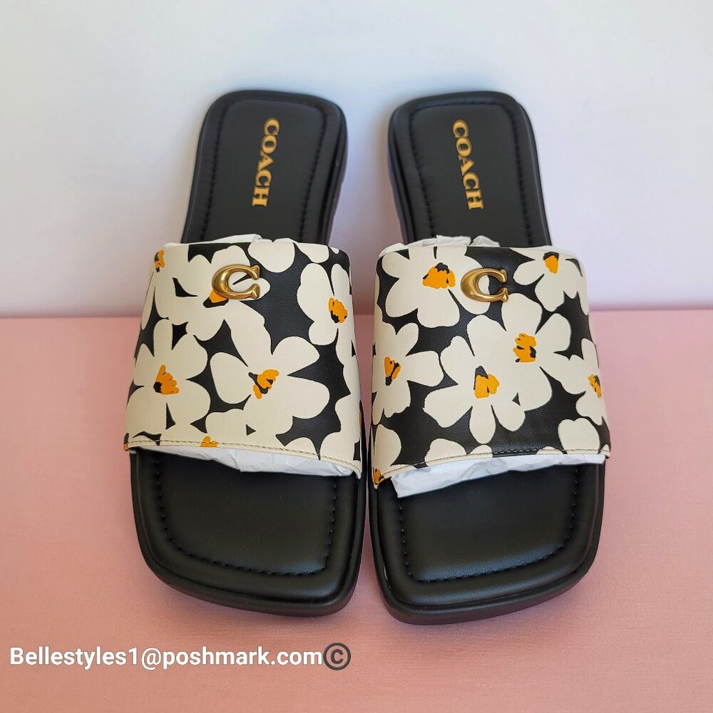 COACH Florence Smooth Leather Sandal With Flower Print –Chalk Multi -Size 8.5B⭐